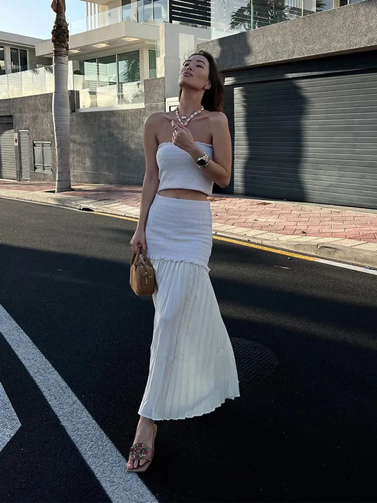Elegant Patchwork Tube Top Long Skirt Set Women Holiday Sleeveless Solid Tops Pleated High Waist Skirts 2025 Summer White Sets 250605
