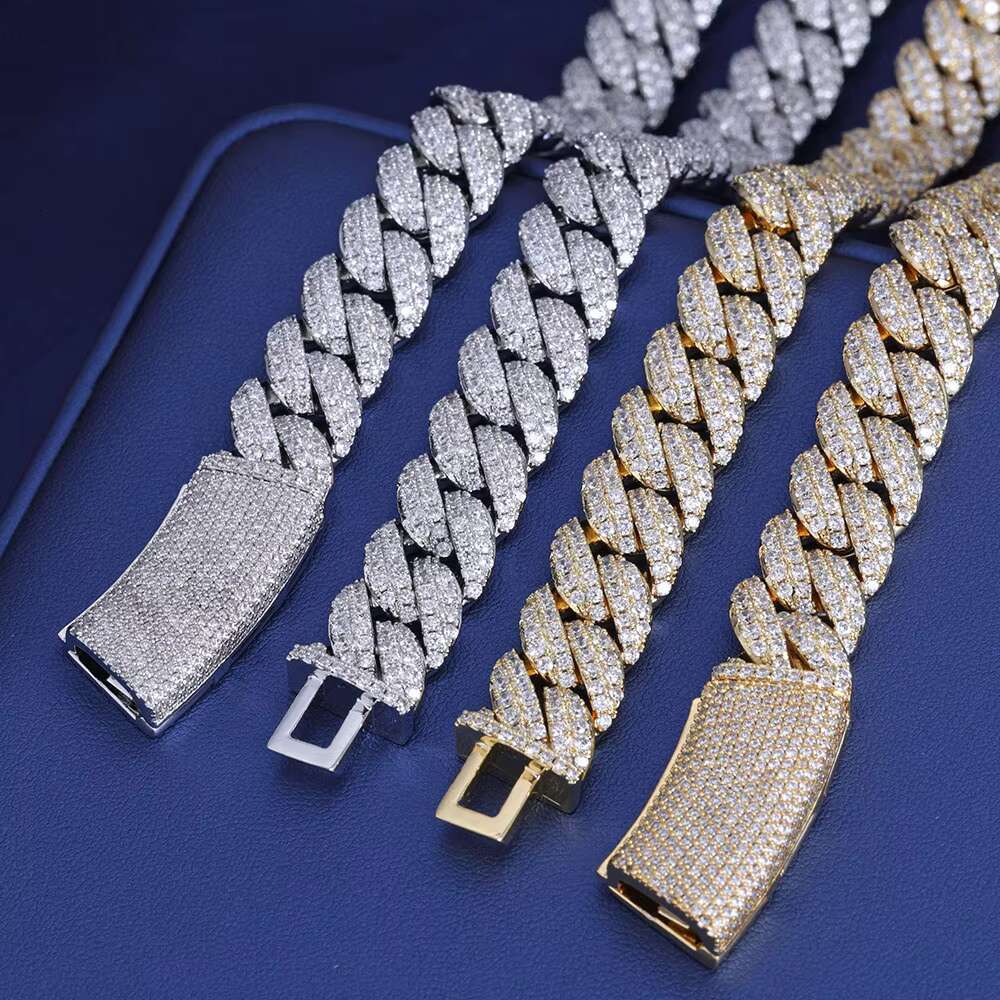 NUOYA 13MM Iced Out Chain Diamond Cuban Link Chain Bracelet Men Hip Hop Shiny Vvs Moissanite 925 Silver Cuban Necklace