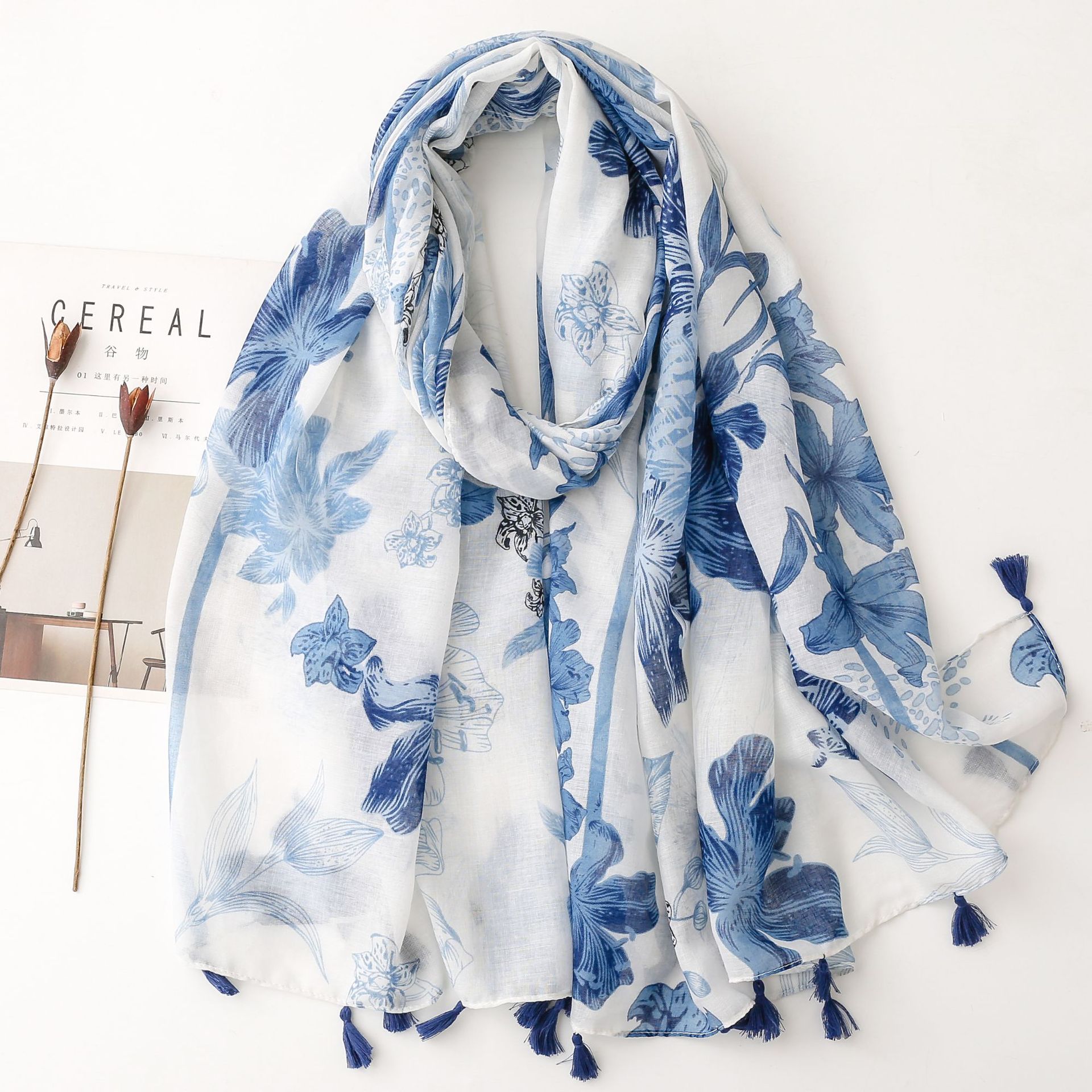 K947 Small fresh Chinese style retro blue and white porcelain cotton and linen feel scarf Bali yarn silk scarf blue ink painting flower female