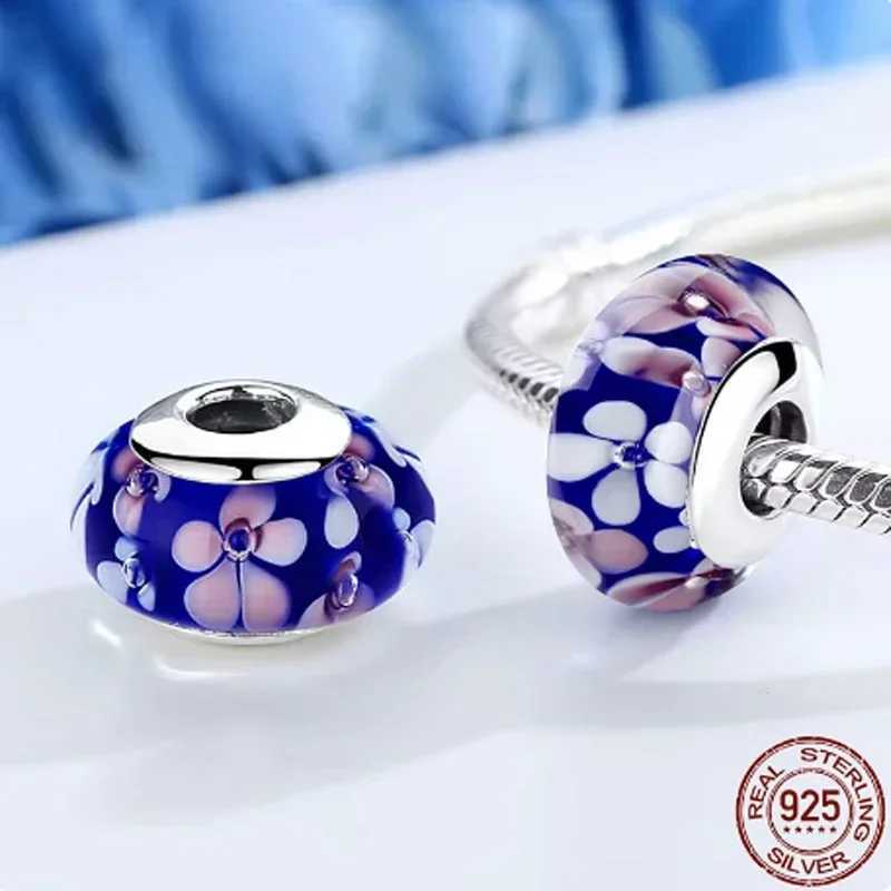 Sterling Silver 925 Flower Charms Original Glass Bead Colored Murano Fit Bracelet for Women DIY Fine Jewelry Gifts XJ250607