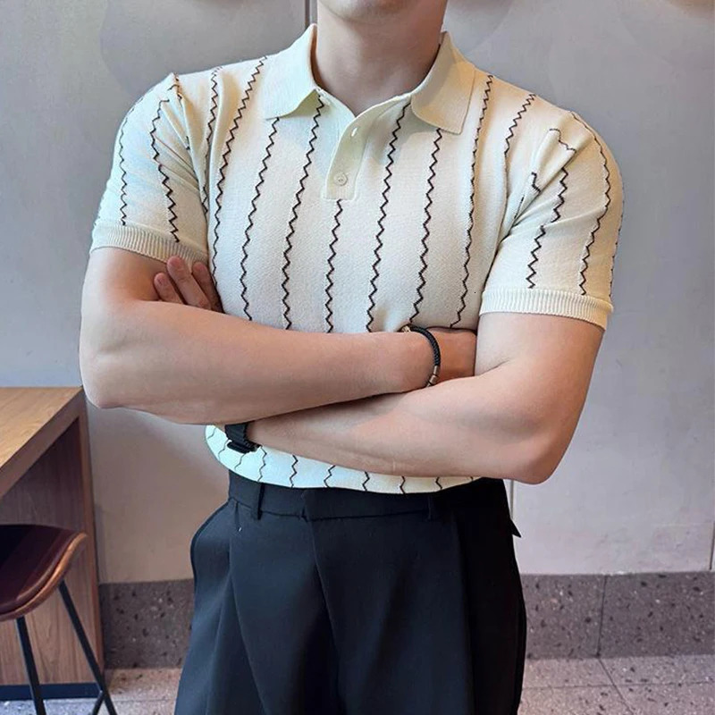 2025 Summer Trendy Striped Short Sleeve Polos Men Clothes Knitting Polo Neck Buttoned Tops Mens Slim Knitted Polo Shirts 250605