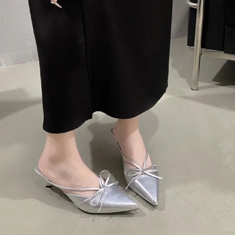 Pointed Bow High-heeled Half Slippers Womens Summer Baotou Shallow Mouth Sexy Thin-heeled Sandals and Slippers 250603