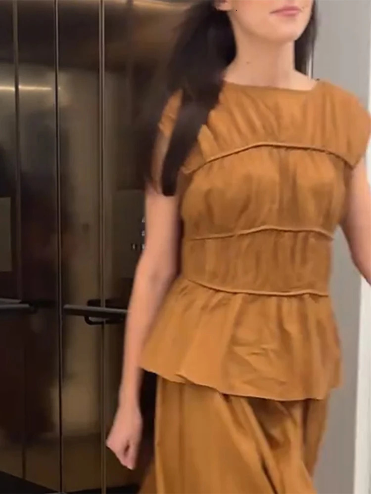 Casual Womens Trouser Suits Fold Top Sleeveless O-Neck Wide Leg Pants Solid 2025 Spring Summer Elegant 2 Pieces Set Women 250605