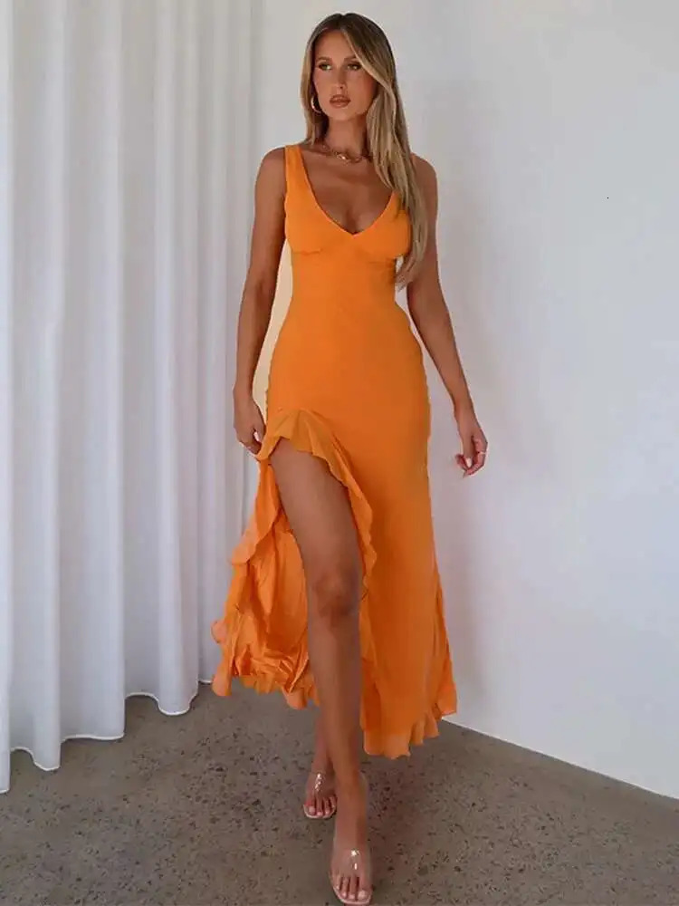 Avrilyaan Ruffle High Split Sexy Dress Women Robes Elegant Evening Summer Dress Backless Party Long Midi Dress Vestidos 250605