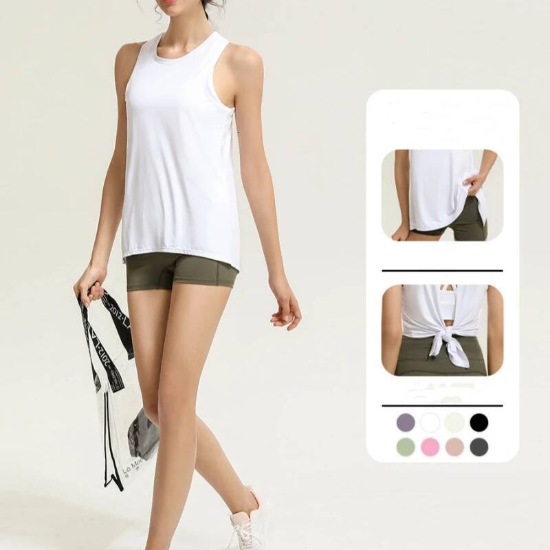 Women's Loose Quick Dry Sleeveless Tank Top Back Slit Knotable Thin Sports T Shirt For Running Yoga Tennis