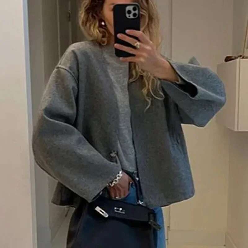 Tweed Jackets for Women Vintage V Neck Oversize Coats Autumn Winter Fashion Single Button Crop Jacket Casual Elegant Coat