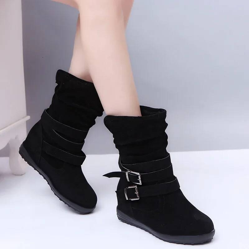 Ddmyoutdoor Women Fashion Casual Suede Leather Buckle Boots High Heeled Snow For Femme Ladies Shoes Outdoor Shoes