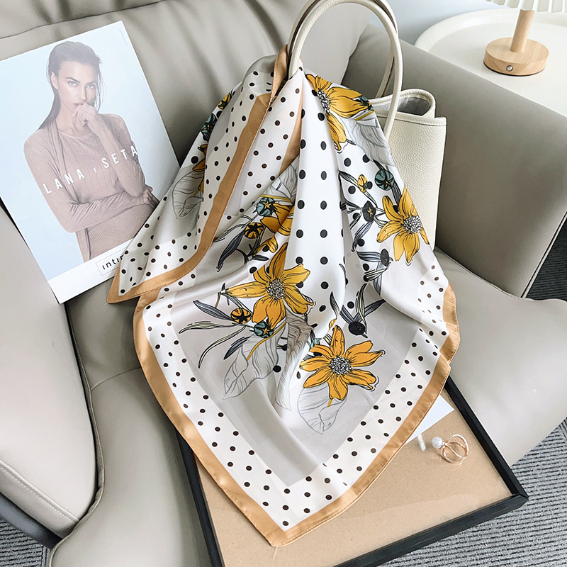 K945 Modern trendy geometric polka dot floral print 70 square scarf new women's fashion decorative temperament imitation silk scarf
