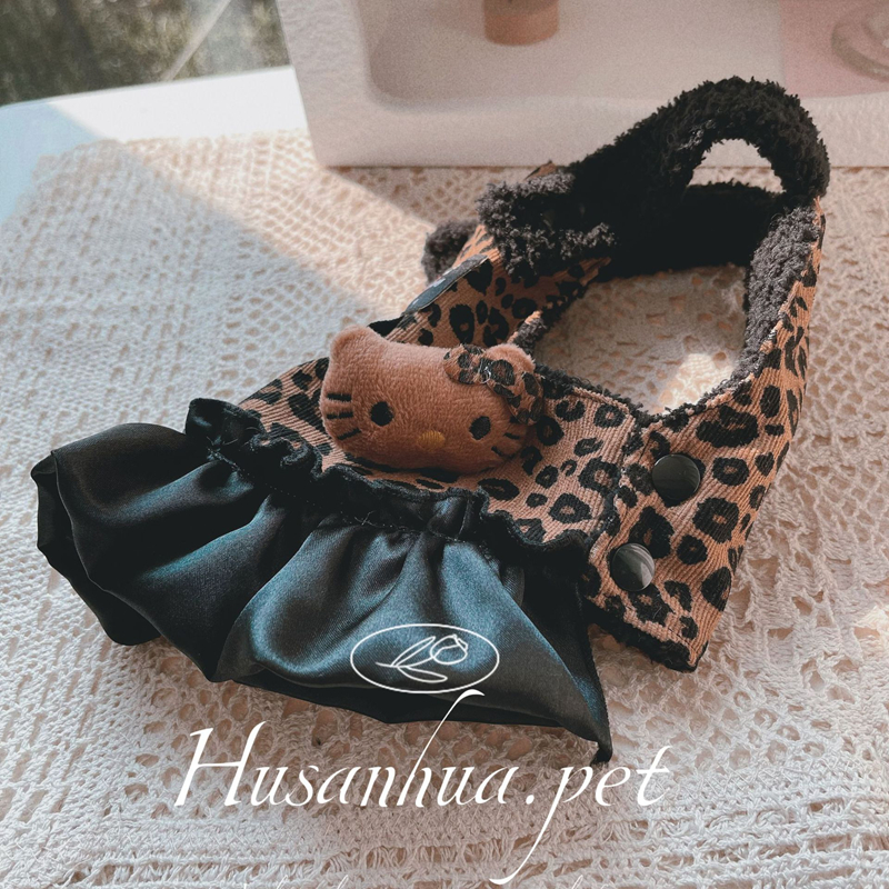 Luxury Dog Dress Clothes for Girls Female, Leopard Print Wool Lining Pet Winter Clothes with D-ring, Cartoon Cat Doll, Princess Dress Harness for Holi