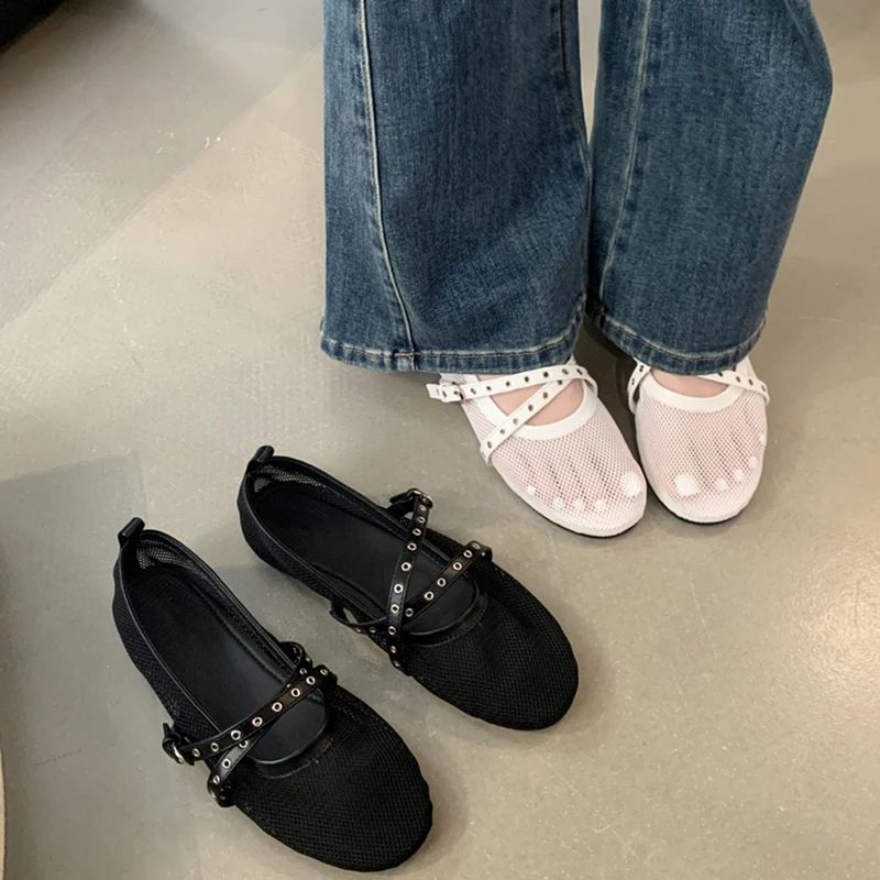 Designer sandals Womens Mesh Ballet Flat Heels Shoes Fashion Hollow Out Ladies Sandale Comfort Breather Dress Ballerina Sandal Simple Outdoor Fishnet 
