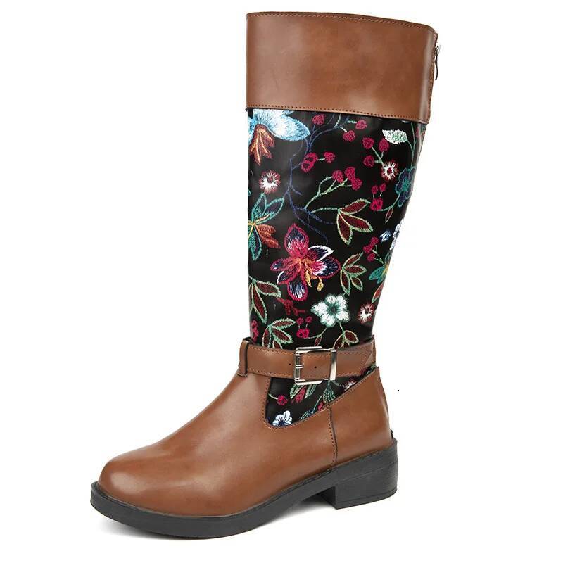 Ddmyoutdoor Retro Printed Flower Cowgirl Women Shoes Woman Genuine Leather Mid Calf Boots Winter Bohemian Knight Botas Mujer Outdoor Shoes