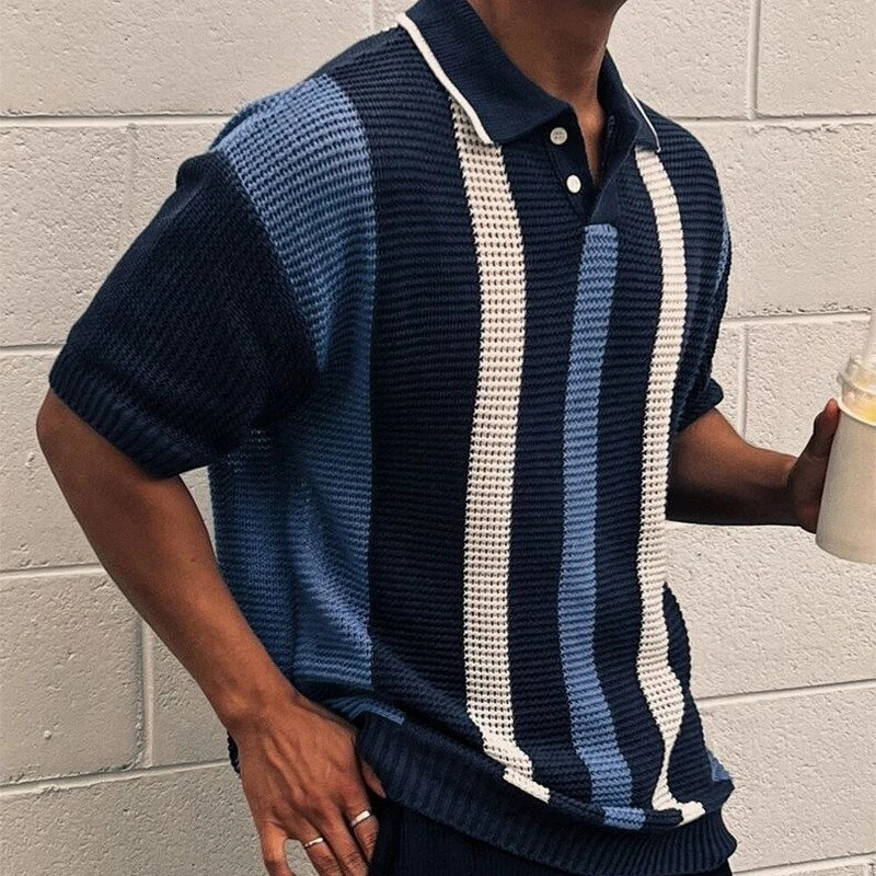 Stylish Striped Hollow Out Knit Polo Shirts Mens Vintage Polo Collar Button Knitted Tops For Men Summer Casual Breathable Polos 250605