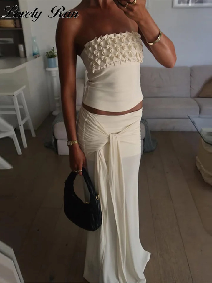 Sexy Flower Crop Top Midi Skirt Sets Women Beach Slim Sleeveless Chest Wrap Vest Intersect Skirts Female Suit 2025 Holiday 250605