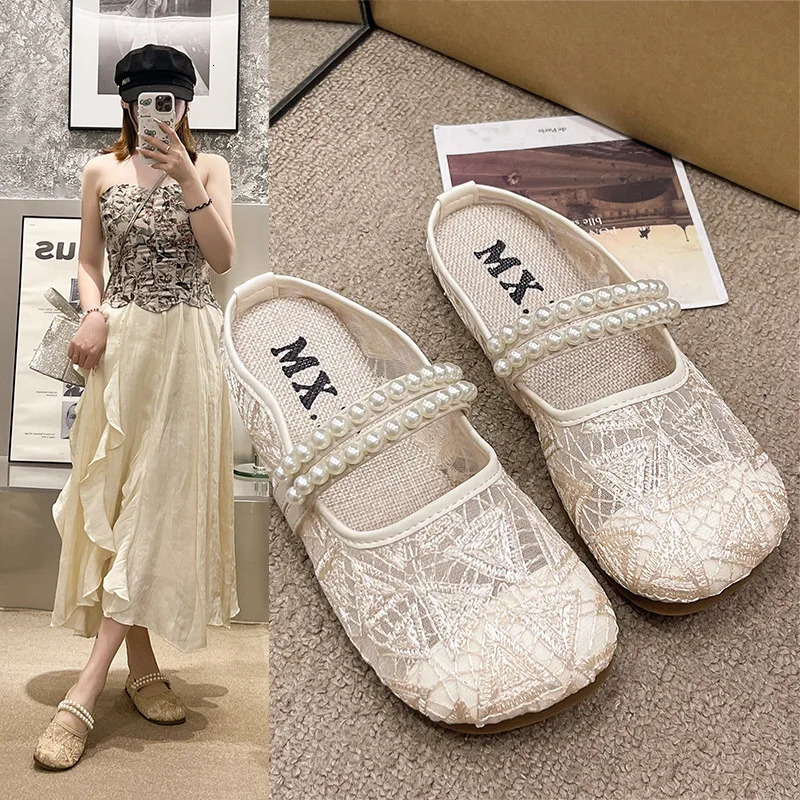 Chinese Style Baitou Half Drag Women Slippers with Pearl Flat Outside Slippers for Women 2025 Sweet Summer Female Shoes 250603