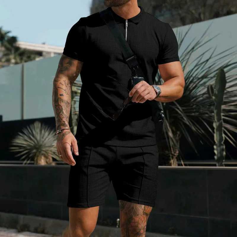 Summer New Mens Suit Fashion Printing Lapel Zipper 2 Piece Set Short-sleeved T-shirt and Shorts Sportswear Beach Suit W250609