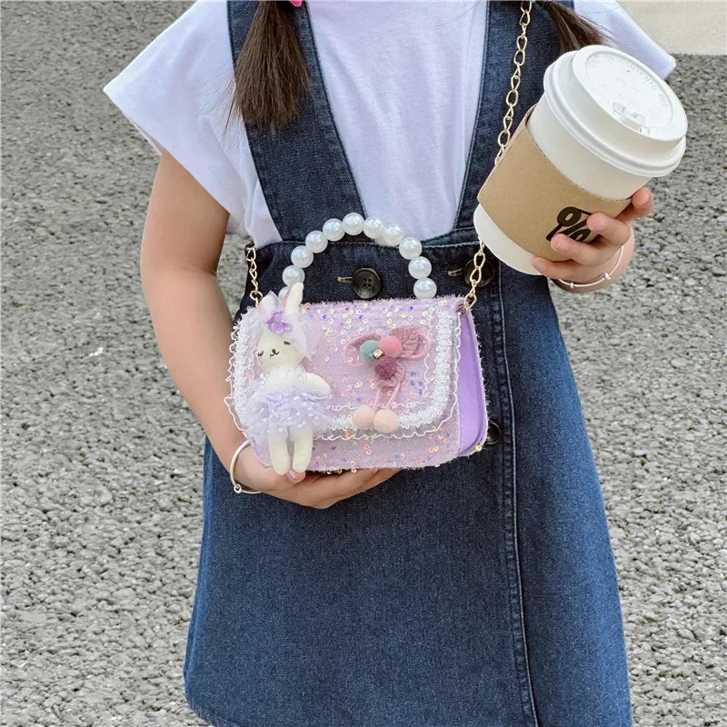 Cute Cartoon Doll Childrens Shoulder Bags Fashion Pearl Handle Princess Girl Messenger Bag Sweet Novel Kid Change Purse Handbag 250605