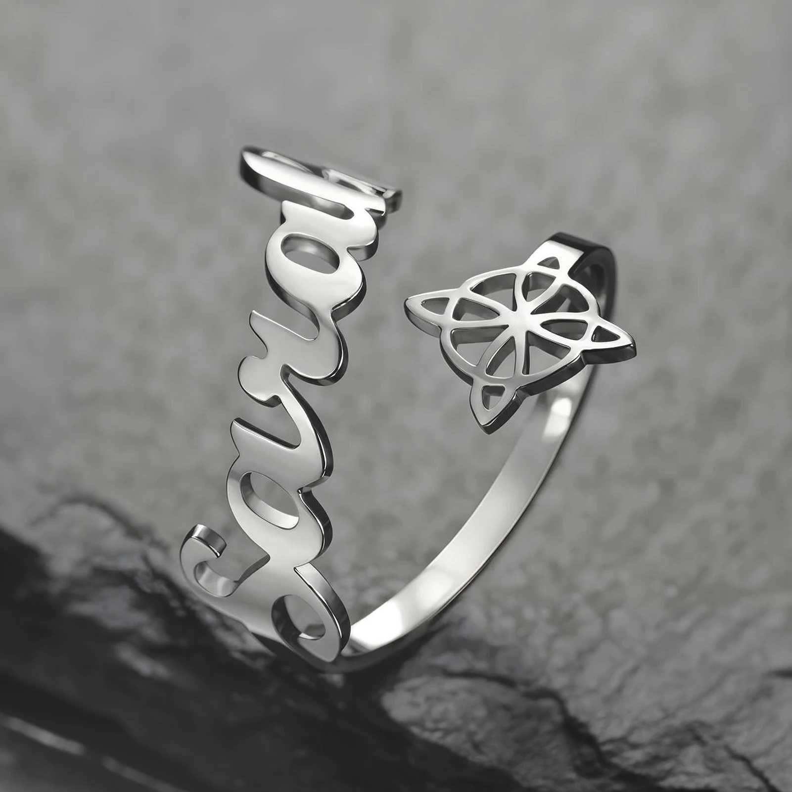 COOLTIME Customized Name Witch Knot Ring Stainless Steel Personalized Irish Couple Ring Amulet Jewelry Gift Womens Rings W250606