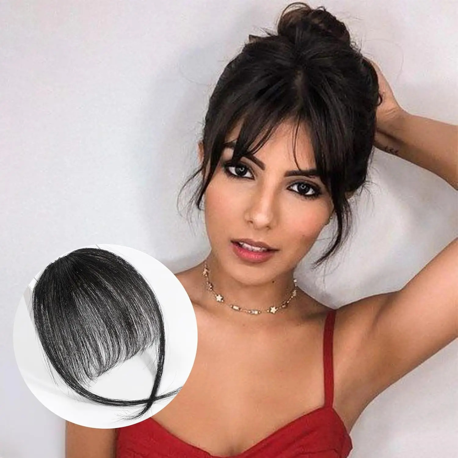 100% Human Hair Wispy Bangs Hair Clip in Natural Black Bangs Fringe with Temples Hairpieces for Women Clip on Air Bang 5 Inch 250529