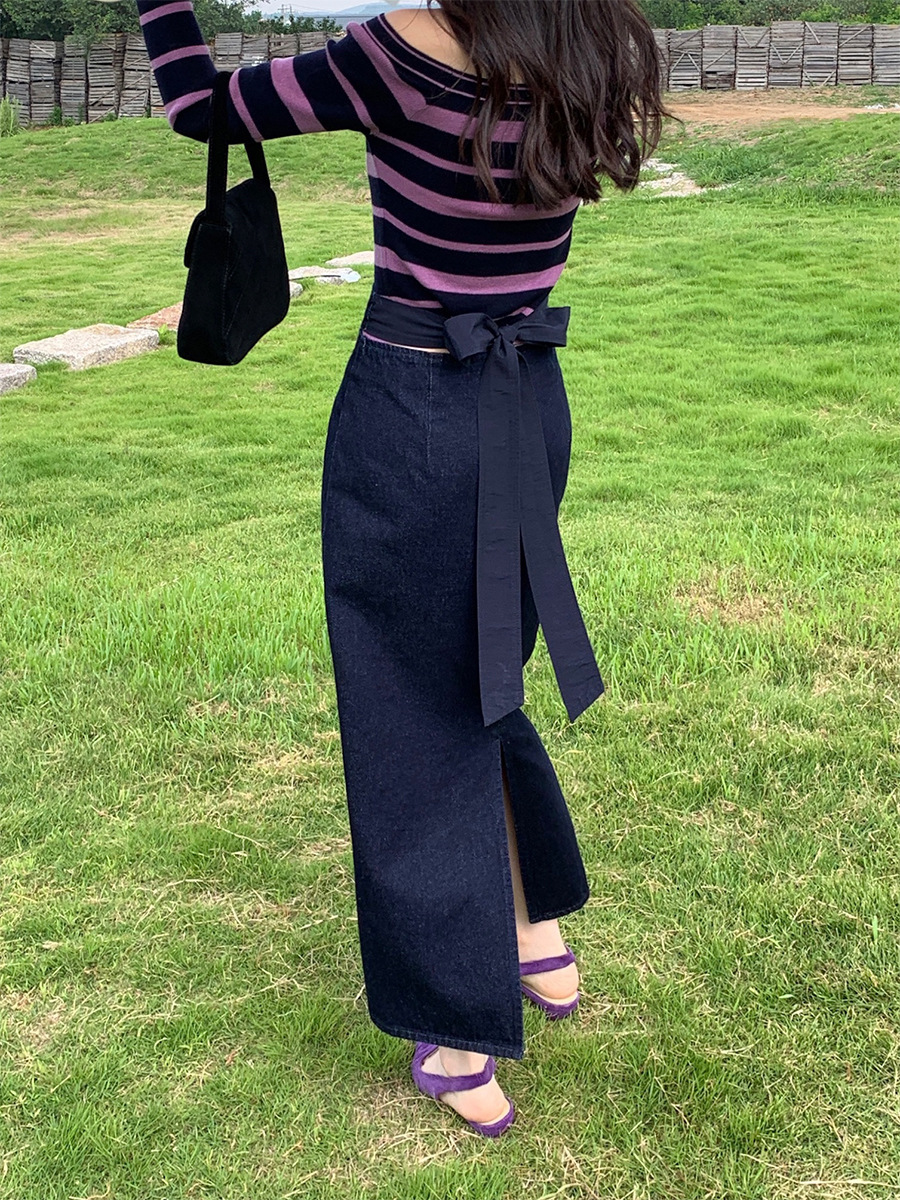 XR146 Women's Autumn Style High Waist Hip-wrapped Denim Long Skirt with Back Slits and Ties