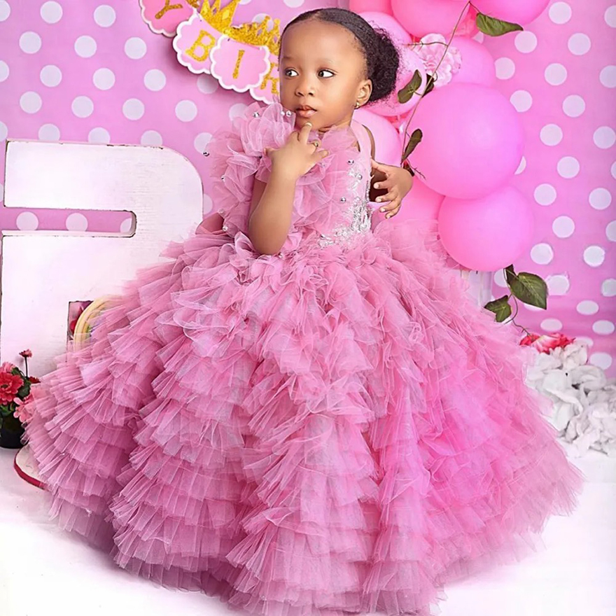Pink Flower Girl Dresses Jewel Tiered Tulle Pleated Ruffles Appliqued Lace Flowergirl Dresses Princess Queen Little Kids Birthday Party Dress for Marr