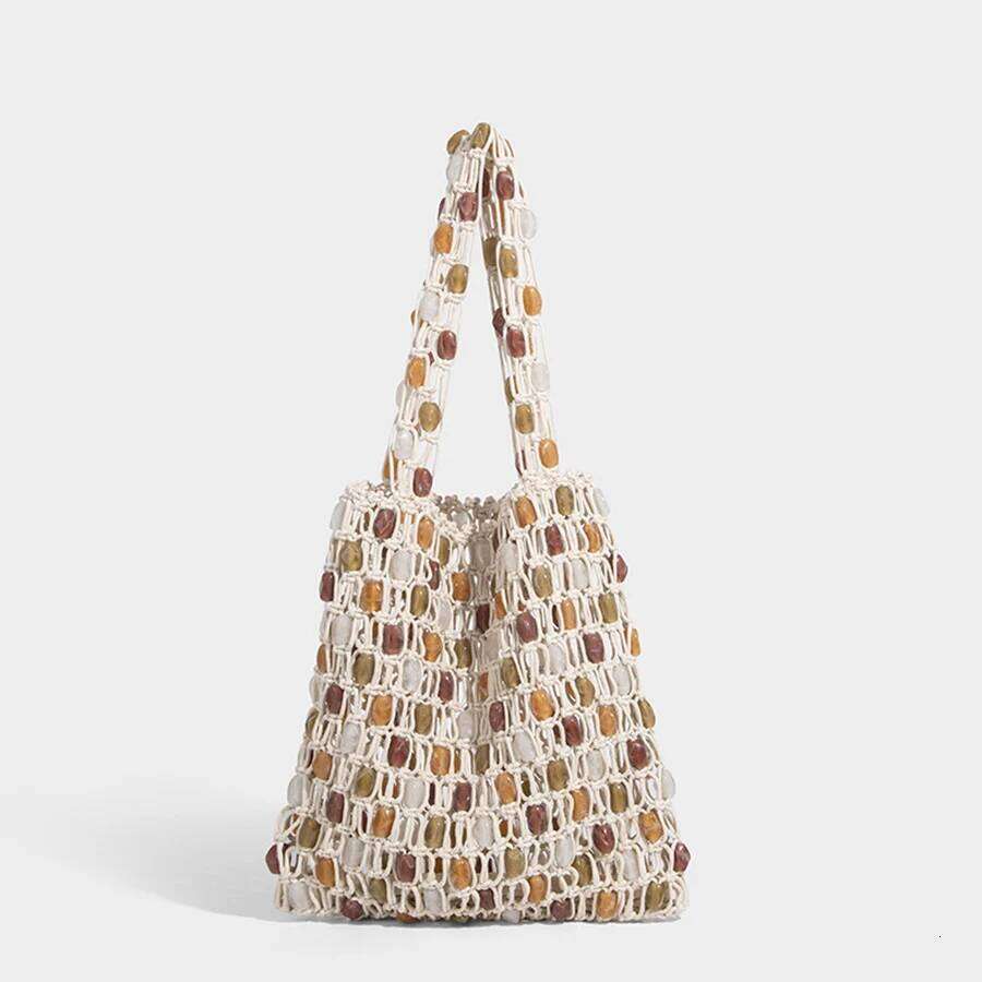 Women Hand-Woven Beaded Design Color-Blocking Tote Patchwork Net Woven Shoulder Bag Summer Hollow-Out Beach Handbag Bolsa