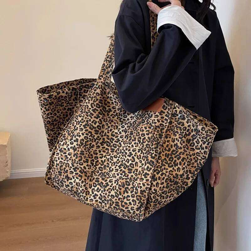 Vintage Leopard Print Canvas Tote Large Capacity Fashion Shoulder Bag Women Handbag For School Work Shopping
