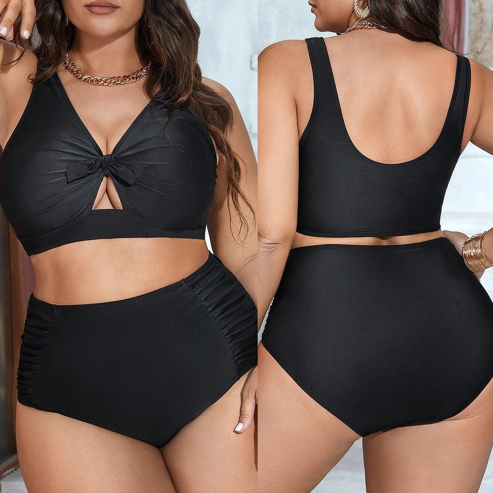 Large Size Split Swimsuit Womens Sexy Black Gathering Bikini High Waist Slimming Summer Elegantes Casual Y2k 250603