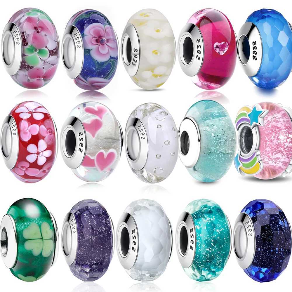 Luxury 925 Sterling Silver Pink Flower Murano Glass Beads Charm Fit Original Bracelet Necklace Faceted Murano DIY Women Jewelry XJ250607