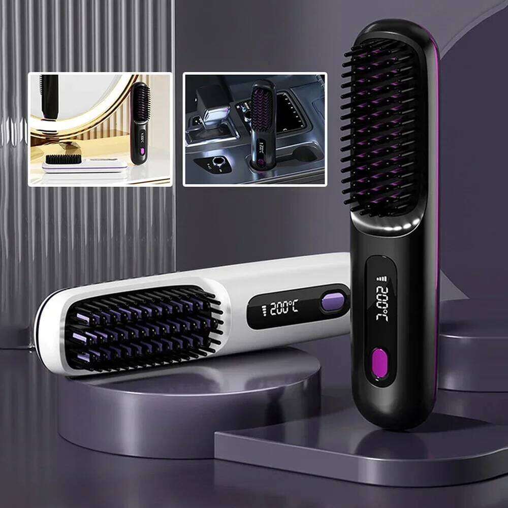 Convenient Mini Cordless Hair Straightener Brush With 3 Setting LED Temperature Display Electric Negative Ions Ceramic Hot Comb