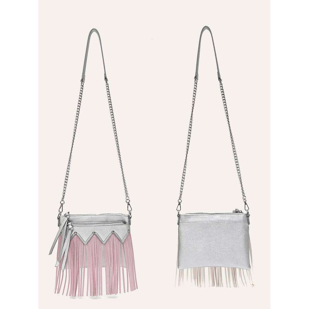 CEZIRA Fashion Chic Metallic PU Leather Contrast Color Tassel Handbag For Women Fringe Studded Chain Cross Body Bag Boho Casual