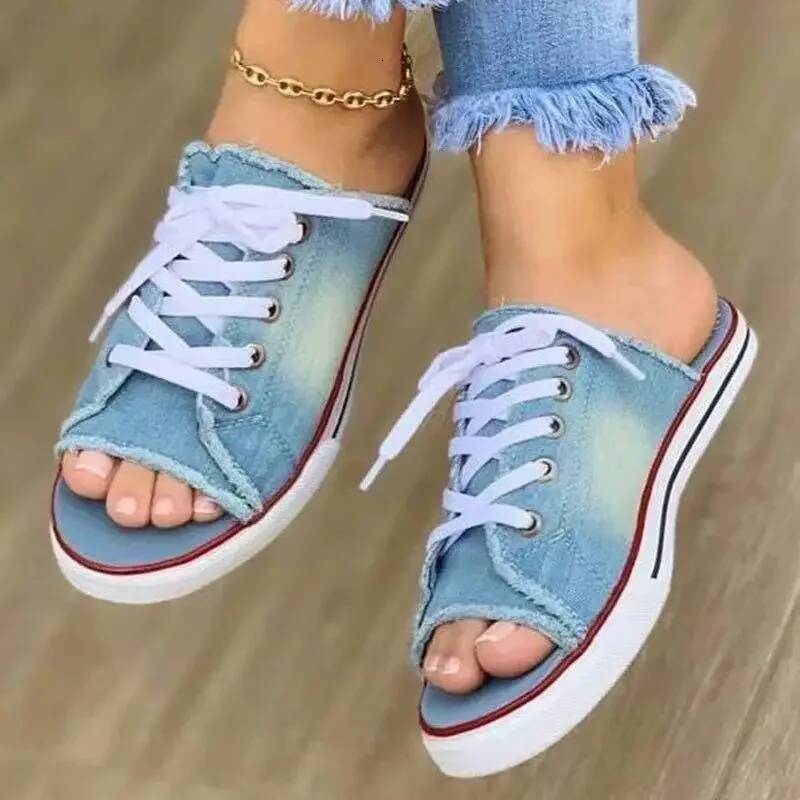 Ddmyoutdoor Ladies Slippers Canvas Lace Up Open Toed New Flat Bottom Casual Women Fashion Denim Beach Shoes outdoor shoes