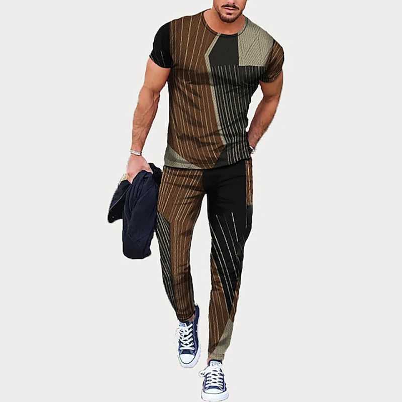 Mens T-shirt Long Pants Tracksuit Stripes Geometry 3D Print T Shirts Trousers Set 2 Pieces Streetwear Oversized Suit Sportswear W250609