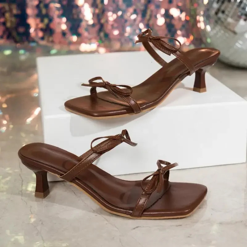 Womens Bowtie Decor High Heels Sandals Summer Brown Light Square Toe Party Shoe Plus Size Comfort Slip-On Square Heeled Sandals 250605