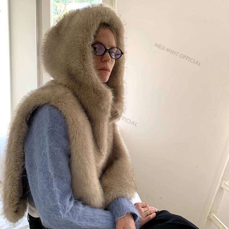 Neo Mint Exclusive Y3k Girls Hooded Sleeveless Faux Coat Women Waistcoat Autumn Winter Gradient Fox Fur Vest Top Gilet Femme