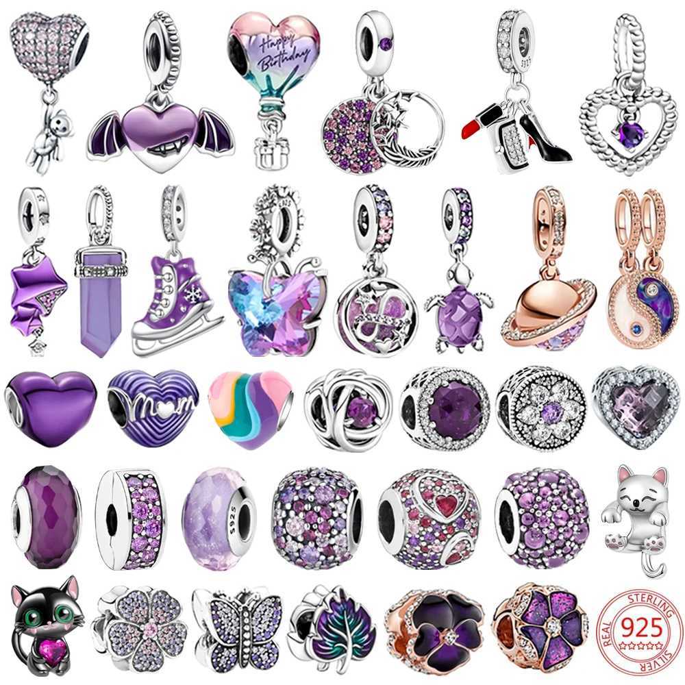 New 925 Sterling Silver Purple Murano Bead Pansy Flower Dangle Charm Fit Original Bracelets Necklace Jewelry Mothers Day Gift XJ250607