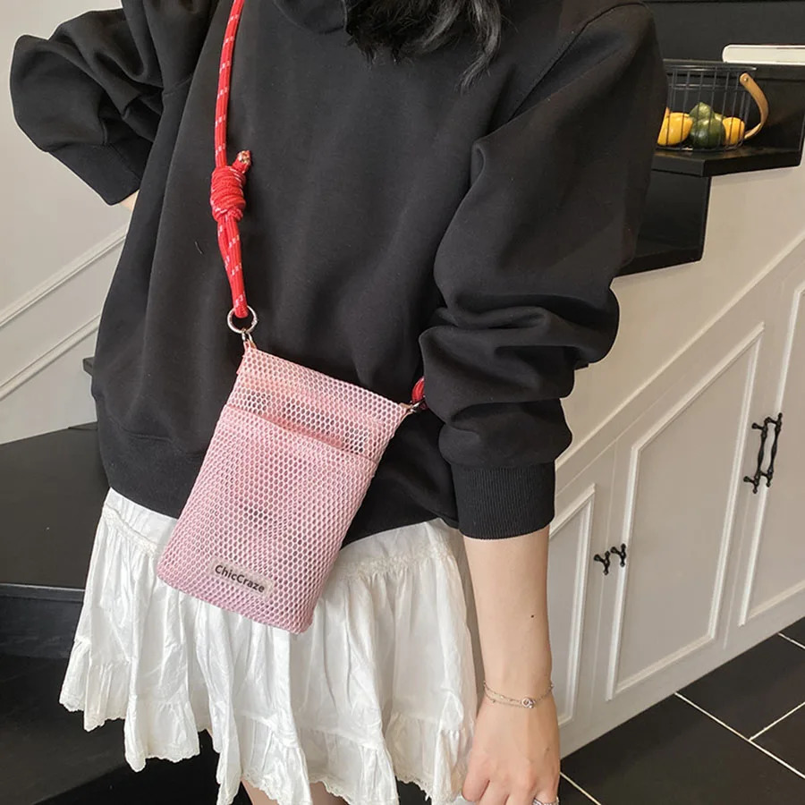 Sweet Korean Style Nylon Mesh Bag Purse Crossbody Bag Nylon Shoulder Bag Wallet Bags Solid Color Mobile Phone Bag 250606