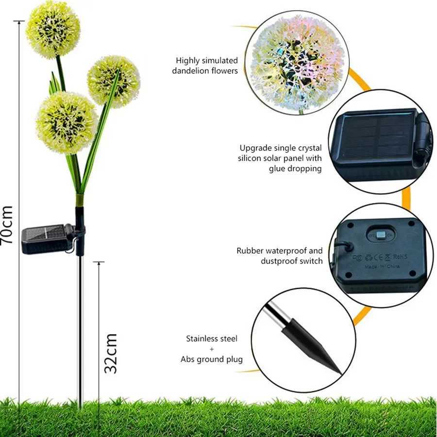 3/1 Heads Solar LED Dandelion Light Outdoor Waterproof Solar Pathway Patio Lights Garden Decoration Landscape Lawn Lamps W250607