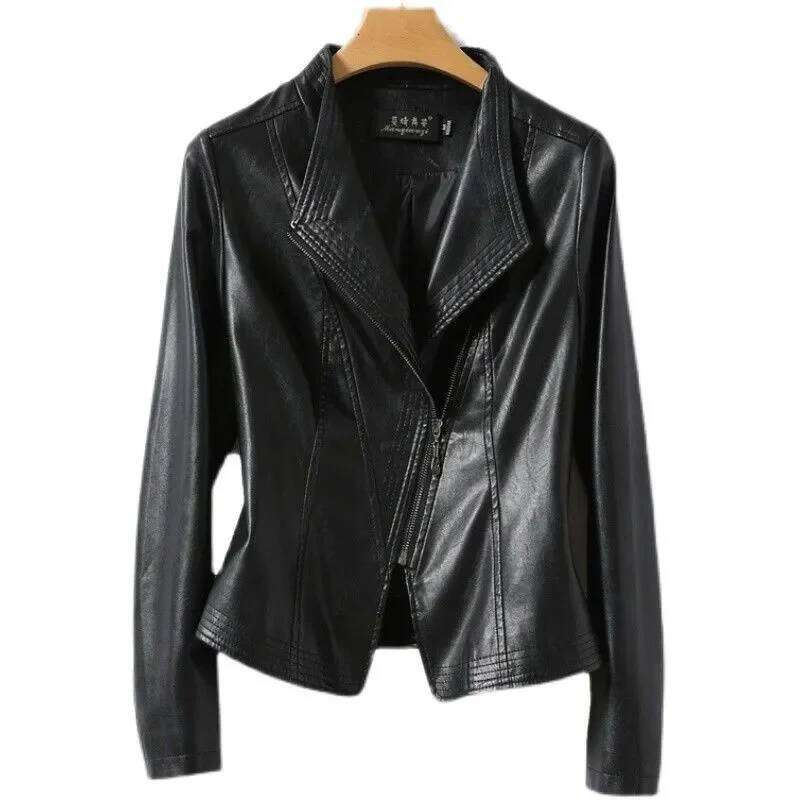 Autumn Winter Sheepskin Jacket Women Short Coat Slim Inclined Zipper Casual Tops Lady Small Outerwear Leather Blazer Coats