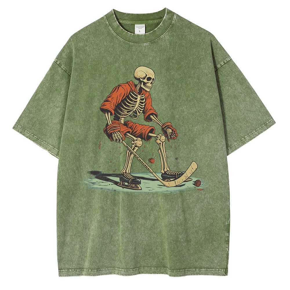 Pure Cotton Heavy Distressed Washed Graphic T-shirts Hockey Skull Printed T Shirt Dropped Shoulder Vintage Oversized T-shirt W250607