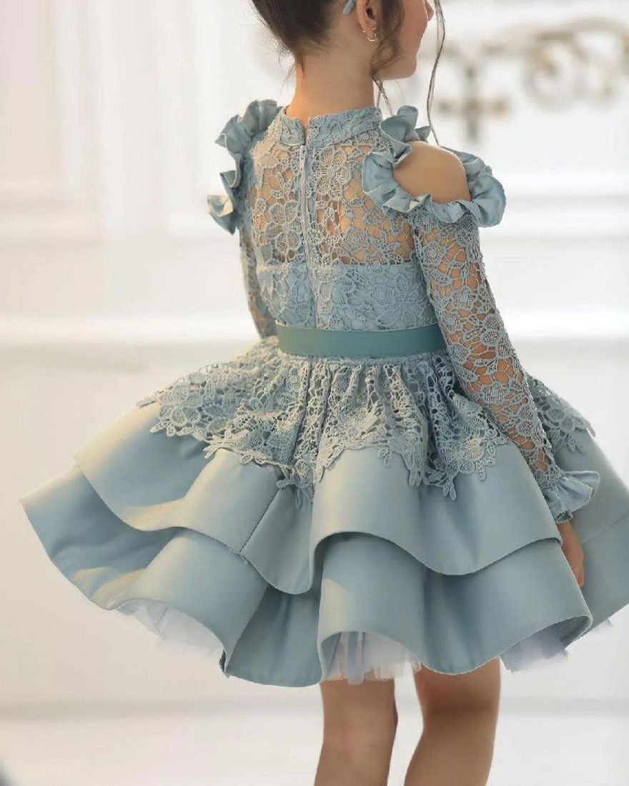 Cute Flower Girls' Dresses Communion Princess High Neck with Illusion Sleeve Lace Corest Fluffy Skirt Ball Gown Formal Party Junior Bride