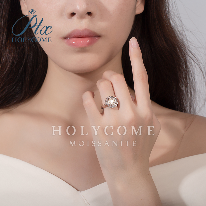 Women's 925 Sterling Silver Wedding Ring 1CT Champagne Moissanite Round Ice Flower Cut Party Gift Engagement Fashion Cluster Ring