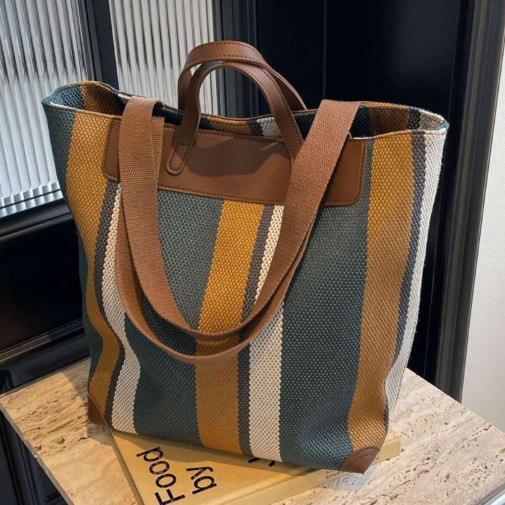2025 Canvas New Fashion Striped Color-Block Women's Large Capacity Versatile Trendy Ladies' Casual Shoulder Bag