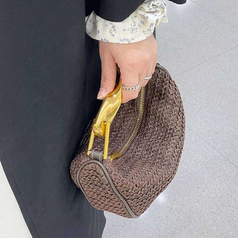 Mini Straw Woven Bags For Women Designer Handbag Purses 2025 New In Vintage Metal Handle Chain Strap Hobos Wrist Shoulder