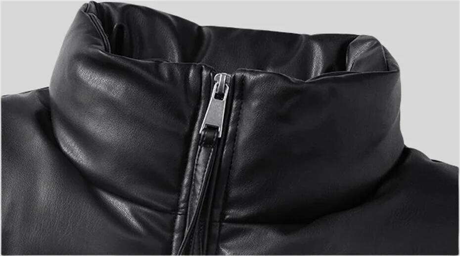 Windproof PU Leather Vest for Men Zipper Warm Thicken Waistcoat Thick Gilet Bread Winter Sleeveless Jacket Padded Coat