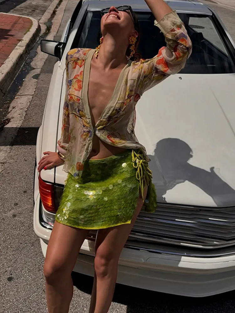 Chic Sequined Mini Skirt Women Sexy High Waist Side Split Lace Up A-line Skirts 2025 Spring Summer Glitter Lady Club Party Skirt 250605