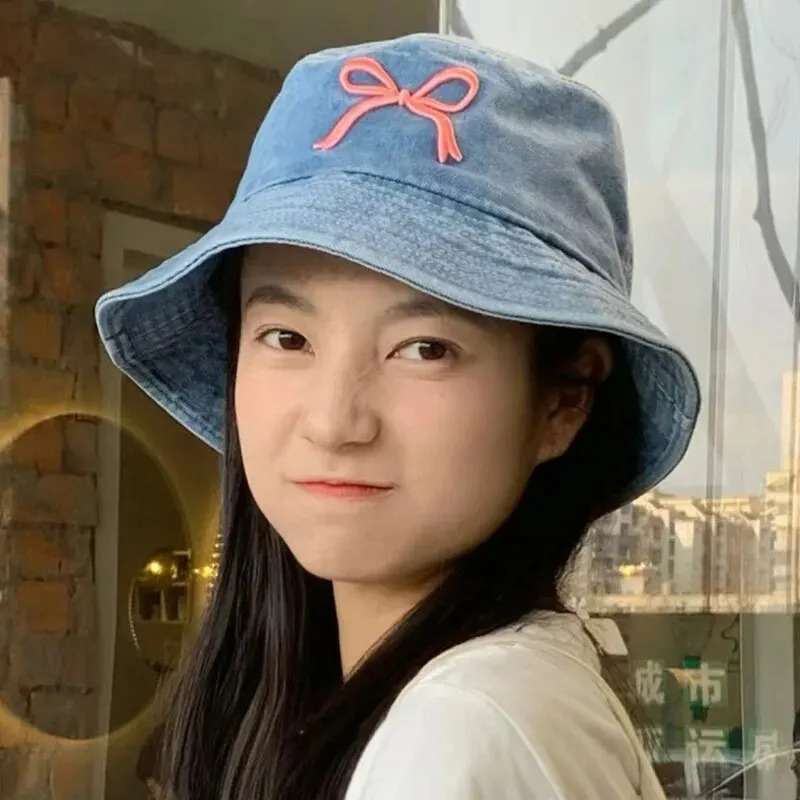A Fishermans Hat Three-Dimensional Embroidery Bow Travel Shopping Washed Denim Basin Hat 250605