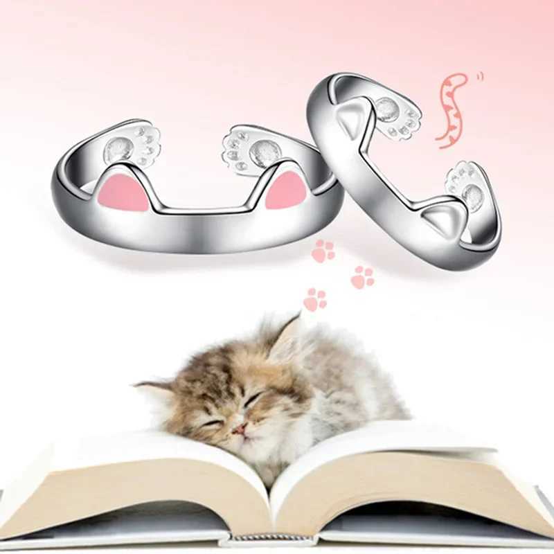 2Pcs Cute Cat Rings for Women Girls Adjustable Cat Ears Paw Animal Finger Ring Couple Cartoon Little Cat Kitten Gift Jewelry W250606