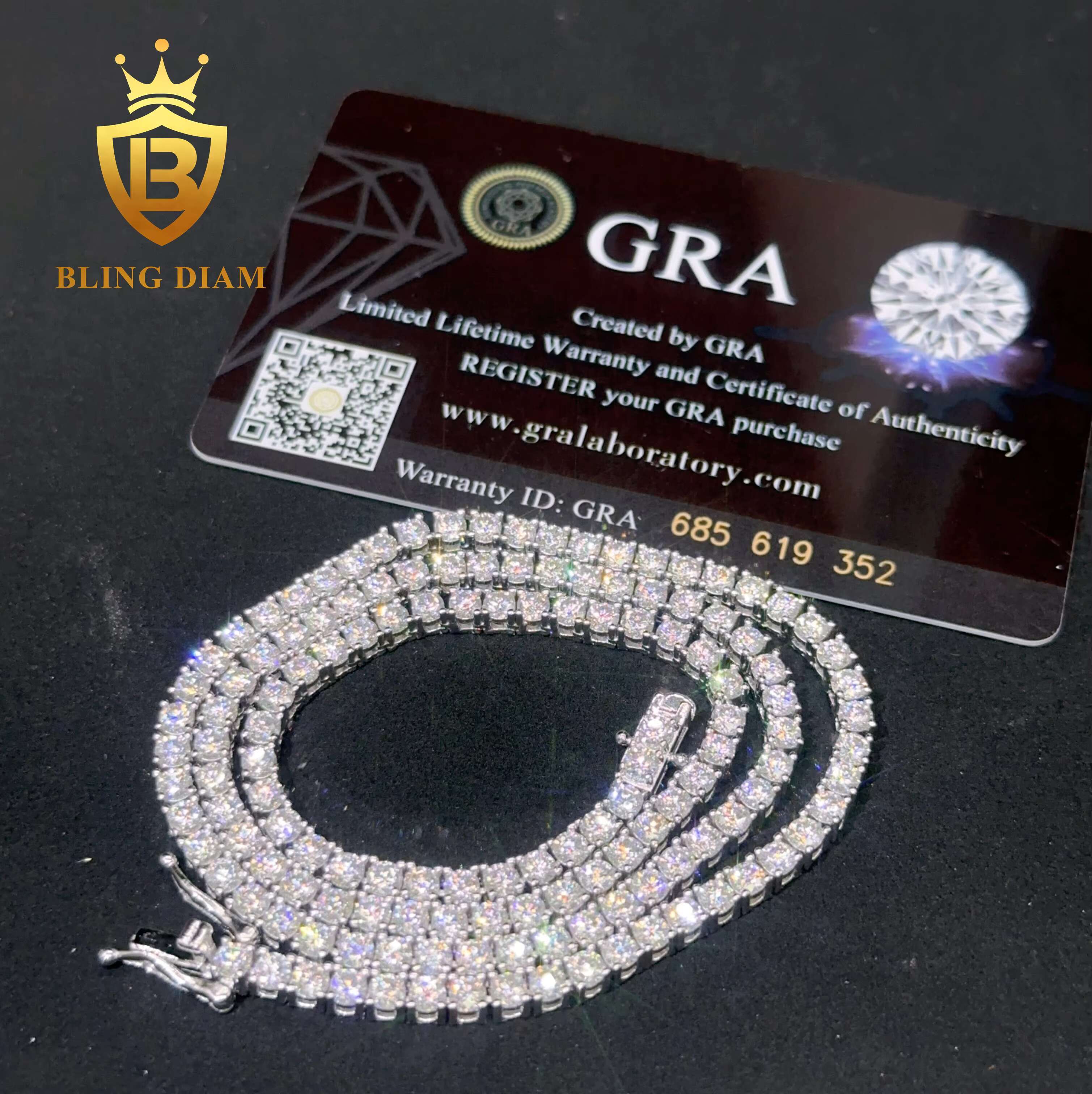 Iced Out 3mm 925 Sterling Silver Hiphop Chain GRA Certified D Color VVS Moissanite Tennis Chain Necklace