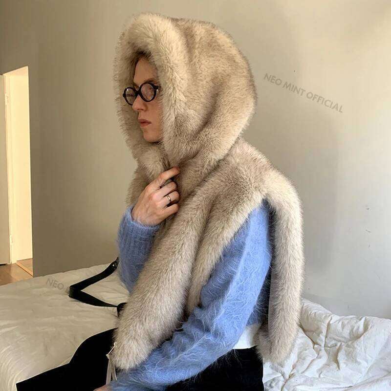 Neo Mint Exclusive Y3k Girls Hooded Sleeveless Faux Coat Women Waistcoat Autumn Winter Gradient Fox Fur Vest Top Gilet Femme
