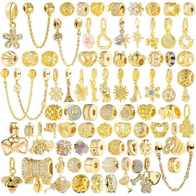 Sparkling Gold Security Chain Clip Daisy Bow Sun Moon Hearts Charm Beads Fit Original European 925 Silver Bracelet DIY Jewelry XJ250607